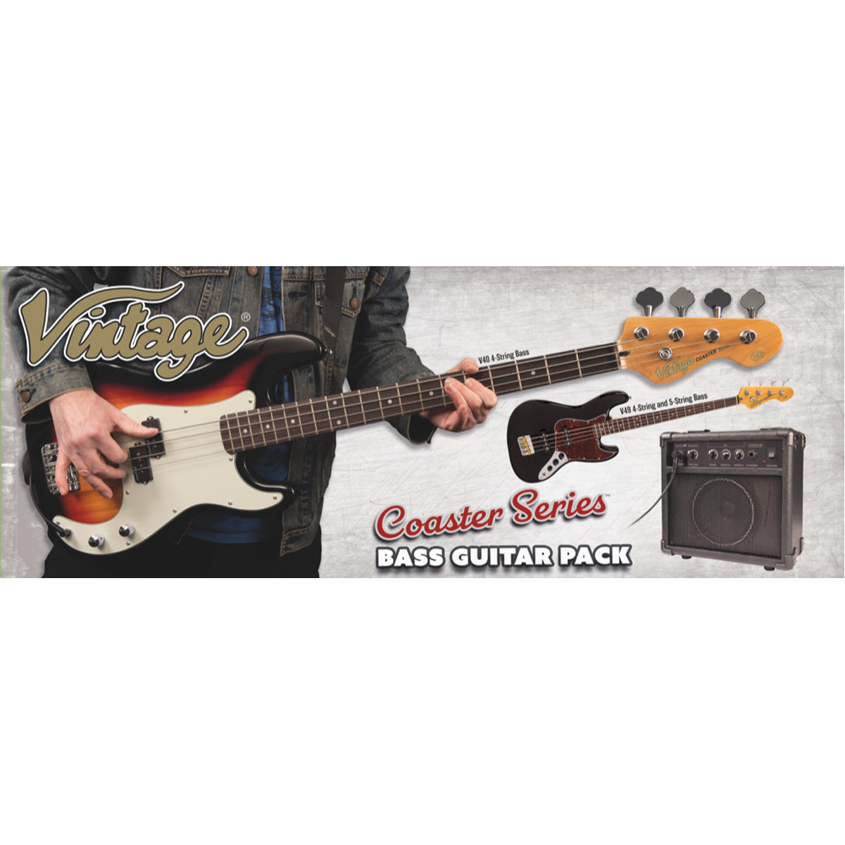 Vintage V40 Coaster Series Bass Guitar Pack | Candy Apple Blue