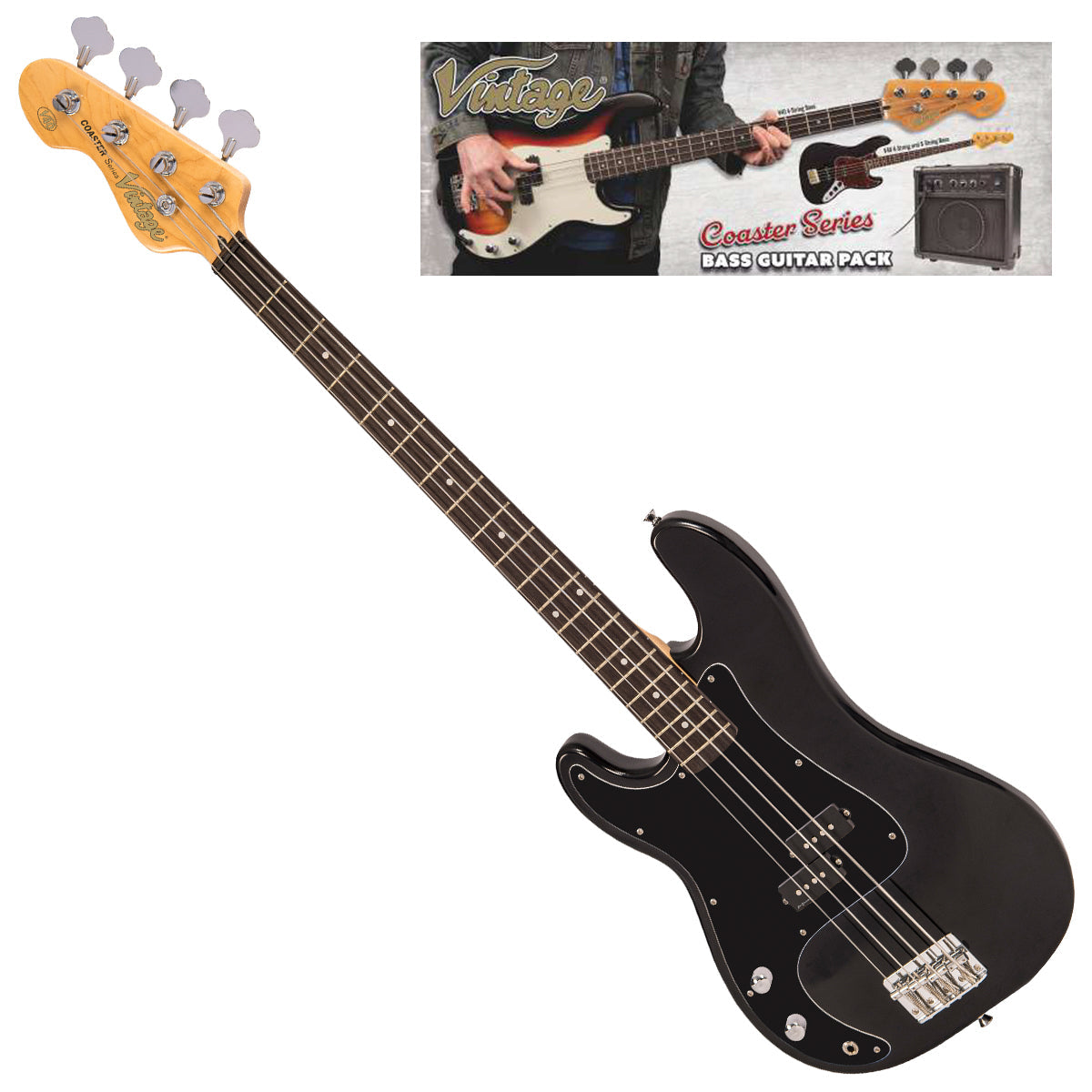 Vintage V40 Coaster Series Bass Guitar Pack | Left Hand Gloss Black