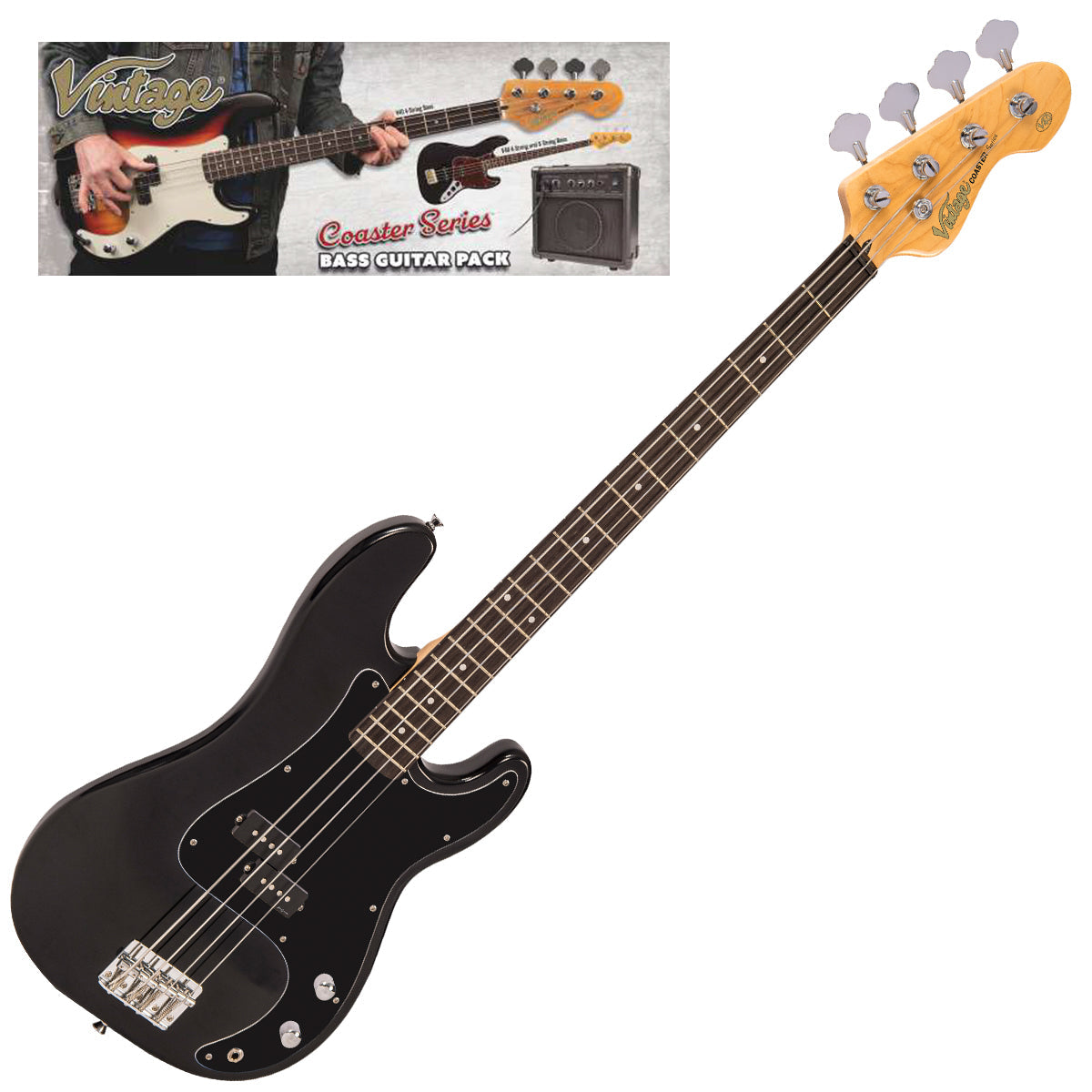 Vintage V40 Coaster Series Bass Guitar Pack | Gloss Black