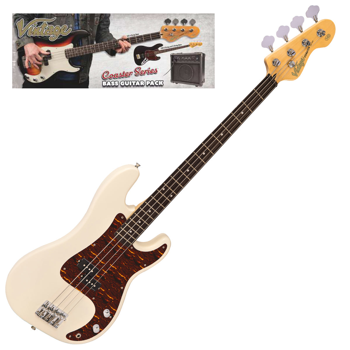 Vintage V40 Coaster Series Bass Guitar Pack | Vintage White