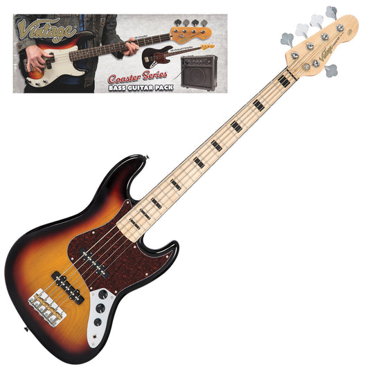 Vintage V495 Coaster Series 5-String Bass Guitar Pack | 3 Tone Sunburst